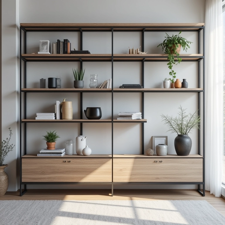 Sala industrial moderna com prateleiras de metal. Design minimalista e estética elegante.