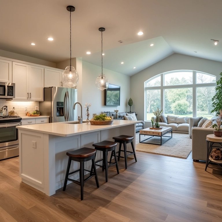 Sala integrada de rancho: cozinha, sala de estar, espaço aberto, ambiente iluminado.