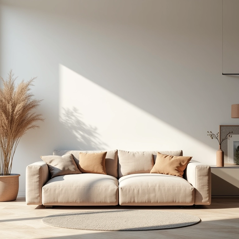 Sala minimalista com sofá modular e móveis multifuncionais.