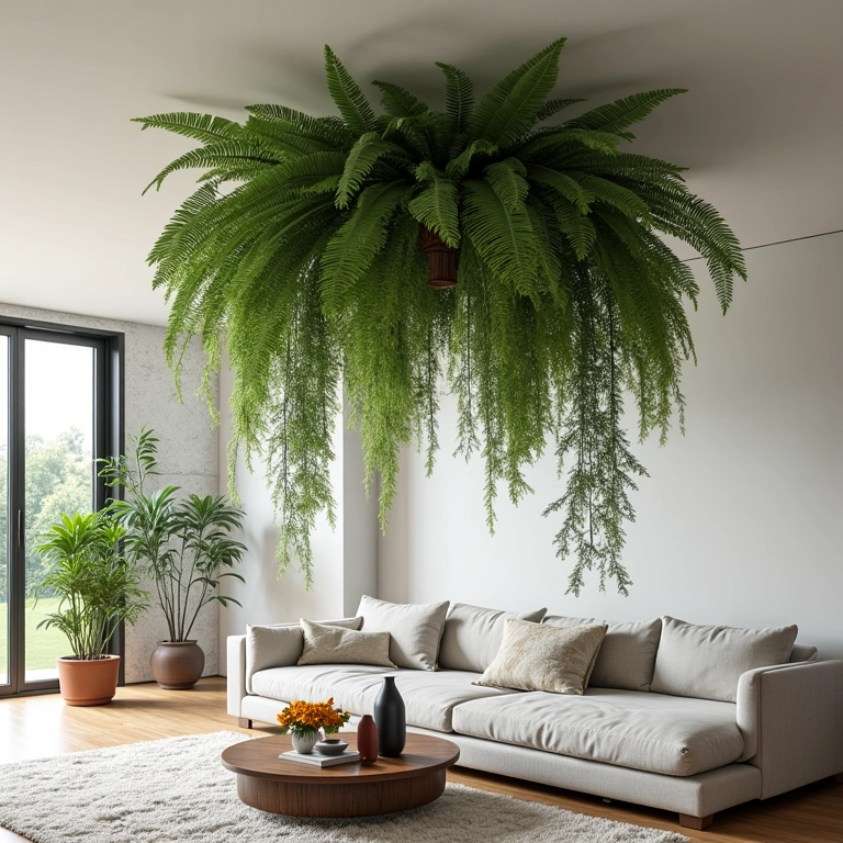 Sala moderna com arranjo de flores artificiais suspenso, estilo brasileiro.