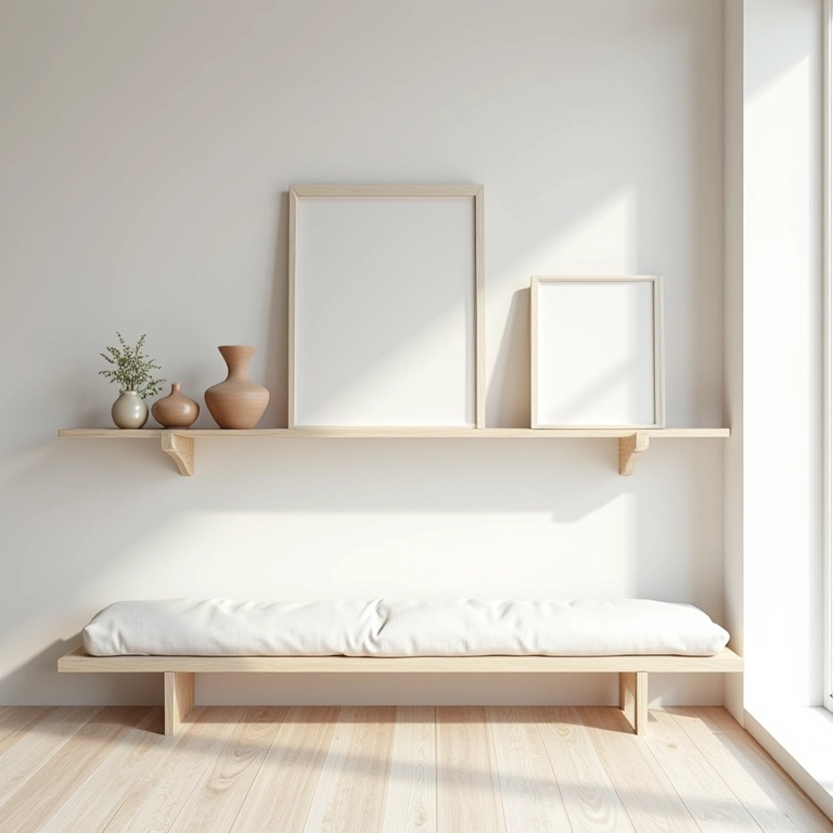 Sala moderna com prateleiras suspensas exibindo decoração minimalista. Estética leve e arejada.