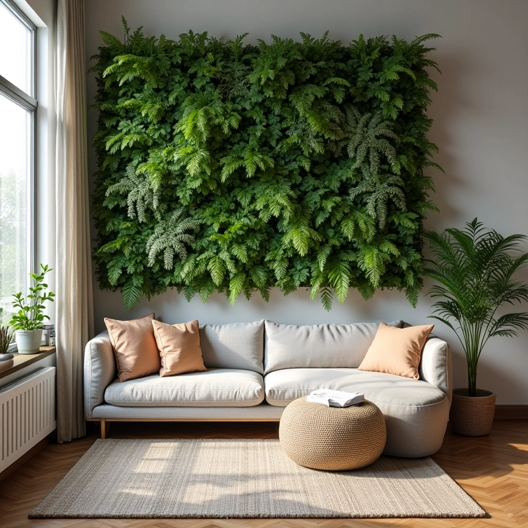 Sala pequena com jardim vertical de samambaias exuberantes, ambiente acolhedor.