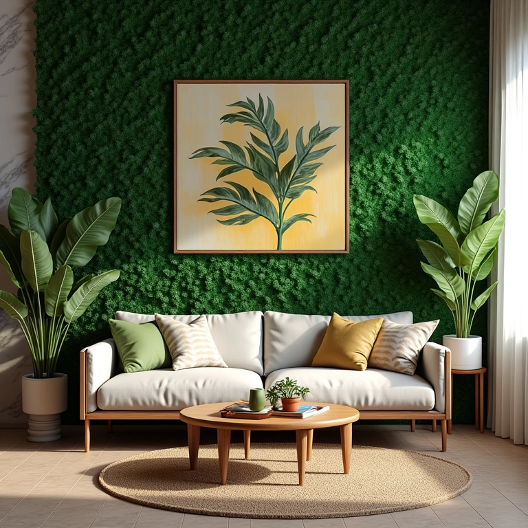 Sala pequena com painel verde vibrante, atmosfera relaxante e arte brasileira.