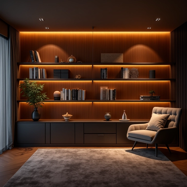 Sala sofisticada com prateleiras iluminadas. Destacando a decoração e criando ambiente acolhedor.