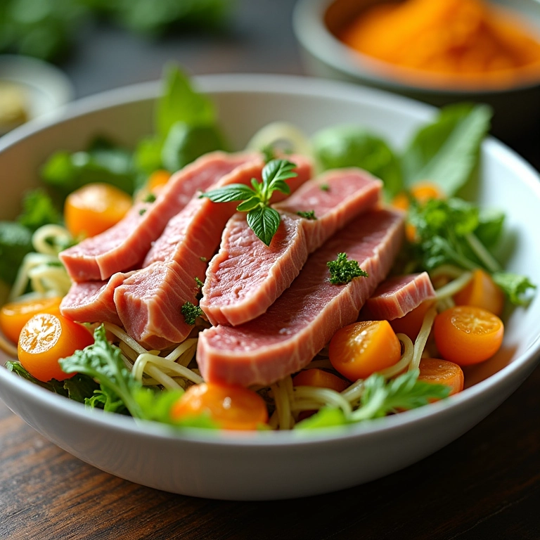 Salada de atum cremosa com vegetais crocantes em bowl.