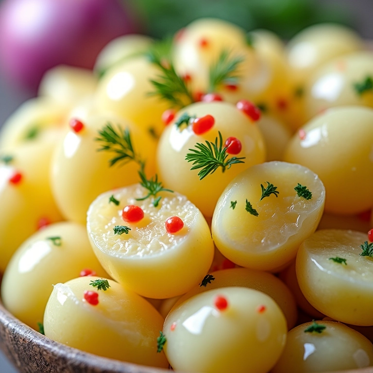 Salada de batata com ingredientes extras: cebola roxa, salsão e dill.