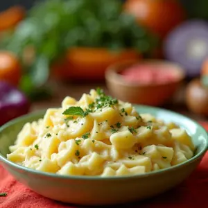 Salada de batata cremosa servida em uma cozinha brasileira vibrante e colorida.