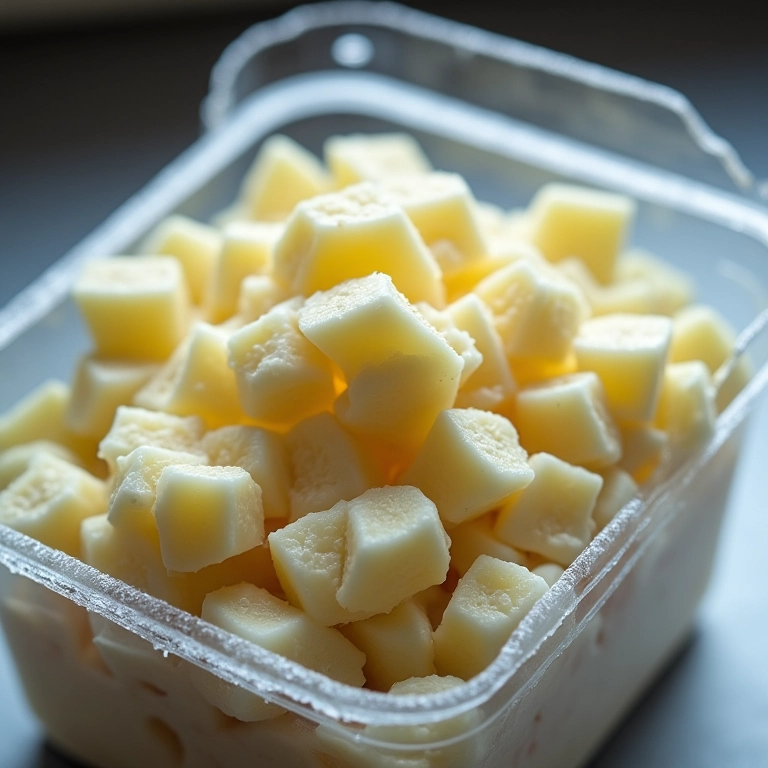 Salada de batata em recipiente para congelamento.