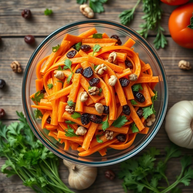 Salada de cenoura ralada com passas e nozes em tigela de vidro.