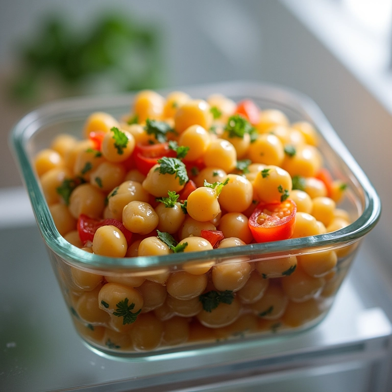 Salada de grão de bico armazenada em um recipiente de vidro na geladeira.