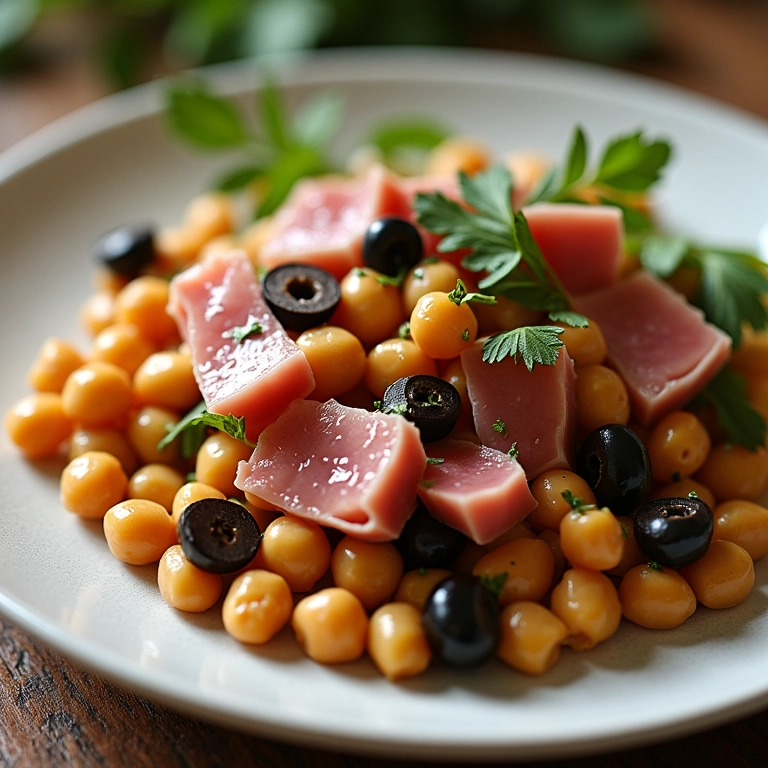 Salada de grão de bico com atum e azeitonas, um toque mediterrâneo.