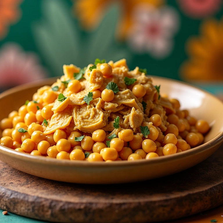 Salada de grão de bico com frango desfiado e curry, um toque exótico.