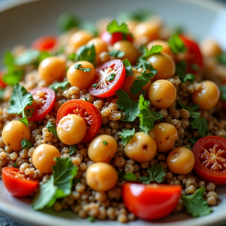 Salada de grão de bico com quinoa e legumes assados, super nutritiva.