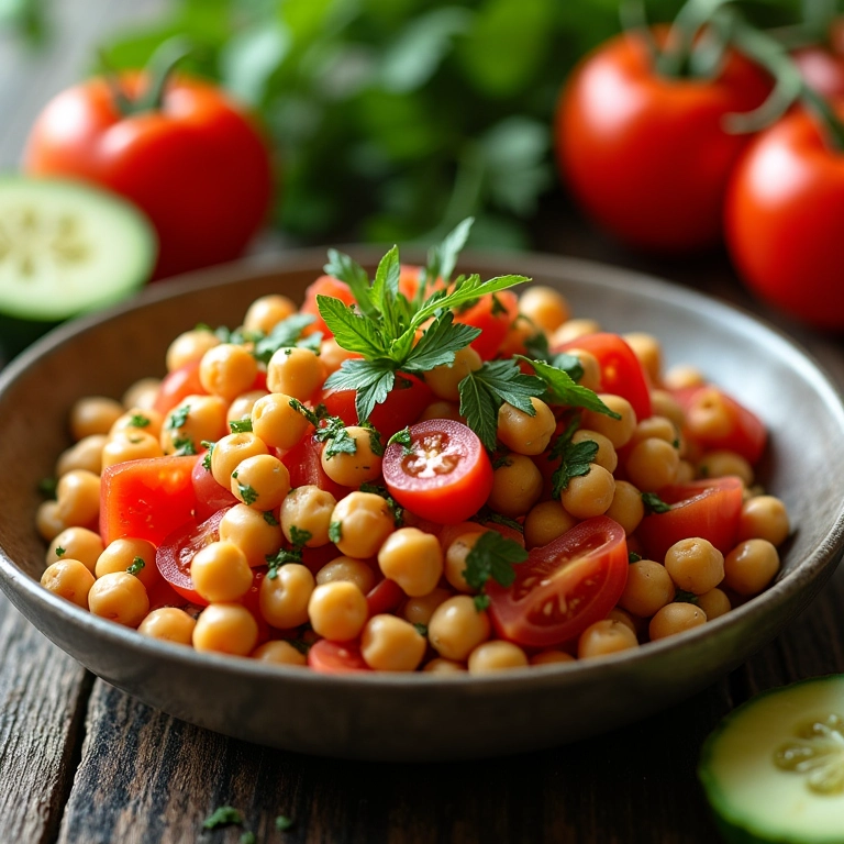 Salada de grão de bico com tomate e pepino, fresca e saborosa.