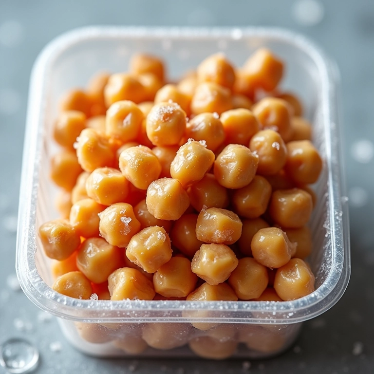 Salada de grão de bico congelada em um recipiente.