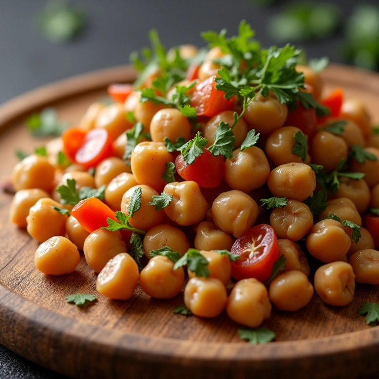 Salada de grão de bico rica em fibras, servida em uma tábua de madeira.