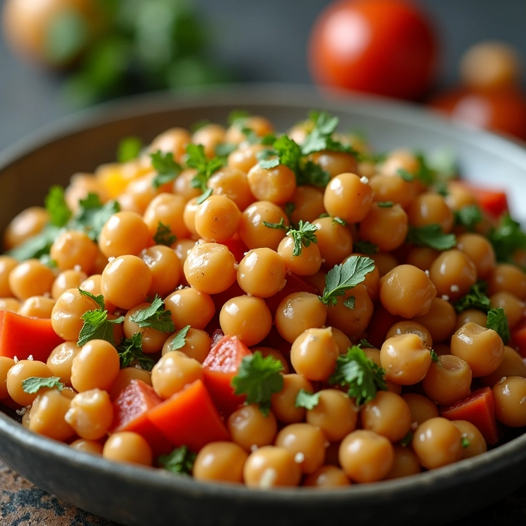 Salada de grão de bico sendo misturada, mostrando a versatilidade.