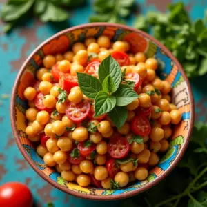 Salada de grão de bico vibrante e colorida em uma tigela, perfeita para o verão.