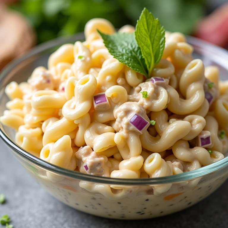 Salada de macarrão clássica com atum, cremosa e saborosa.