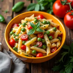 Salada de macarrão colorida e refrescante, perfeita para o verão.