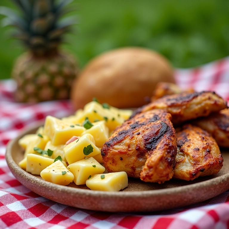 Salada de macarrão com frango defumado e abacaxi, um toque tropical.
