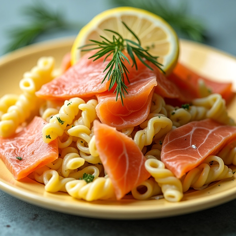 Salada de macarrão com salmão defumado e dill, sofisticada e saborosa.