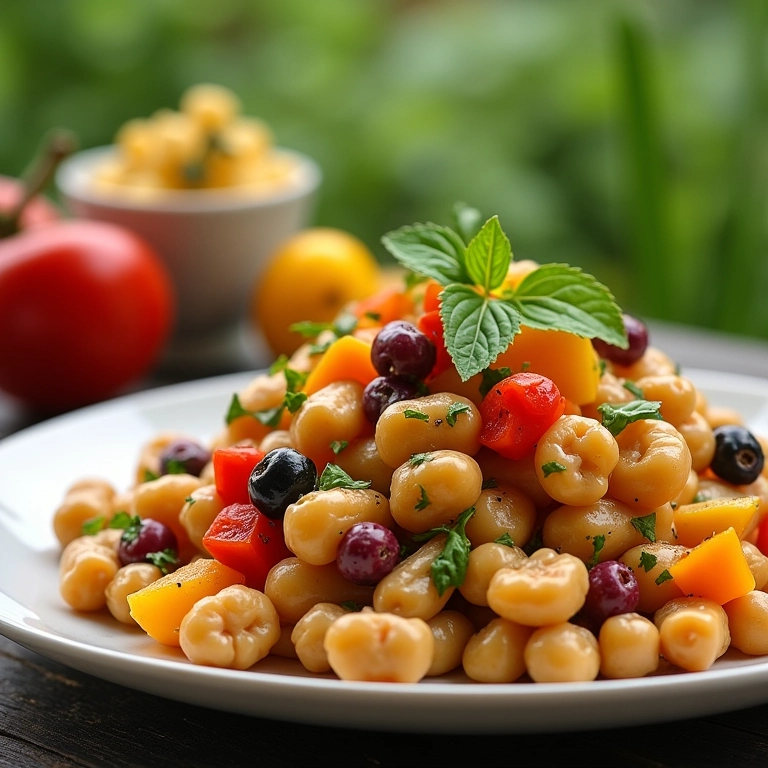 Salada de macarrão vegana com grão de bico e legumes frescos.