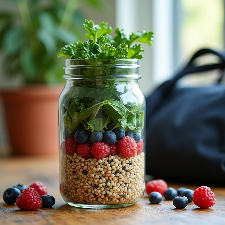 Salada de pote funcional com quinoa, couve e frutas vermelhas.