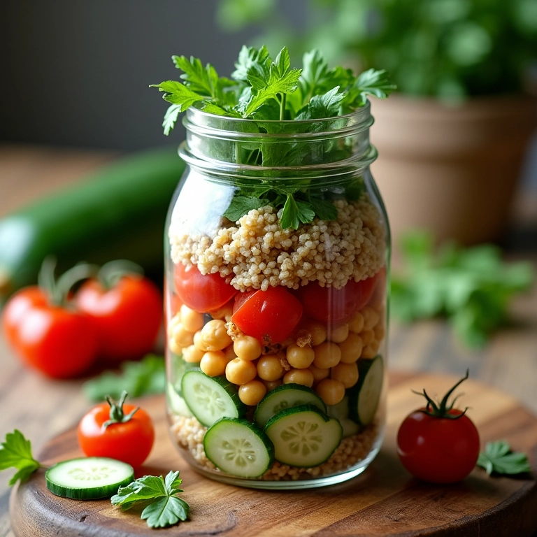 Salada de quinoa com grão de bico e atum em um pote de vidro, uma opção nutritiva e prática.