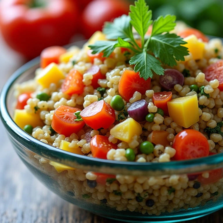Salada de quinoa com legumes e grãos em tigela de vidro.