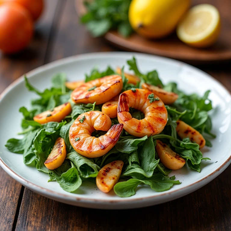 Salada de rúcula com camarão e molho de maracujá.