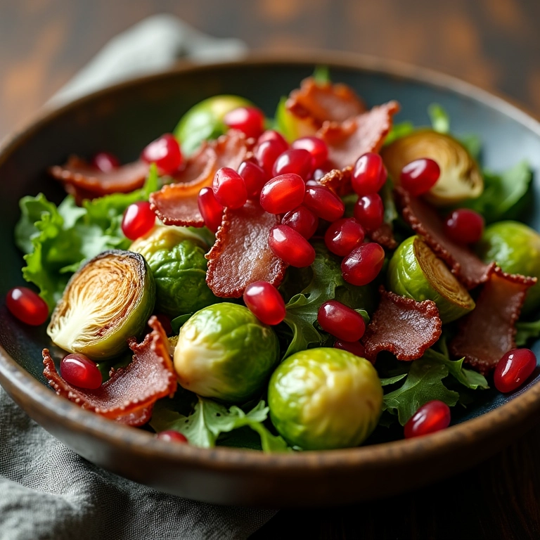 Salada morna de couve de Bruxelas com bacon e romã, cores vibrantes.