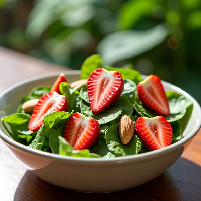 Salada refrescante com espinafre, morango e amêndoas.