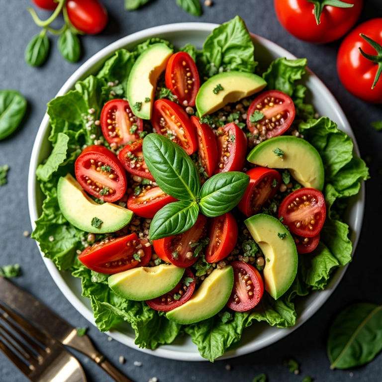 Salada saudável com tomates, abacate e verduras, representando o auxílio na perda de peso.