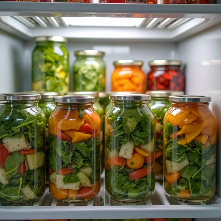 Saladas de pote armazenadas corretamente na geladeira.