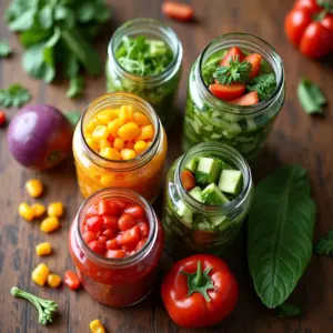 Saladas de pote coloridas prontas para levar, com ingredientes frescos.