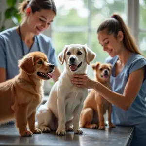 Salão de banho e tosa com cães sendo cuidados por profissionais, ambiente limpo e alegre.