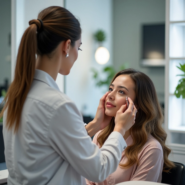 Salão de beleza com profissional em depilação com linha.