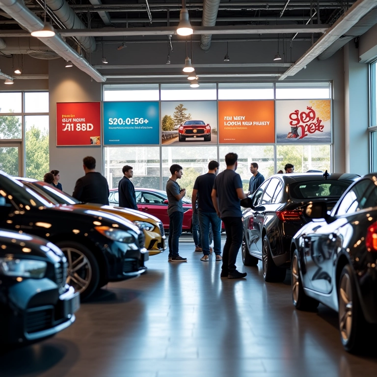 Saldão de meio de ano em concessionária com clientes diversos.