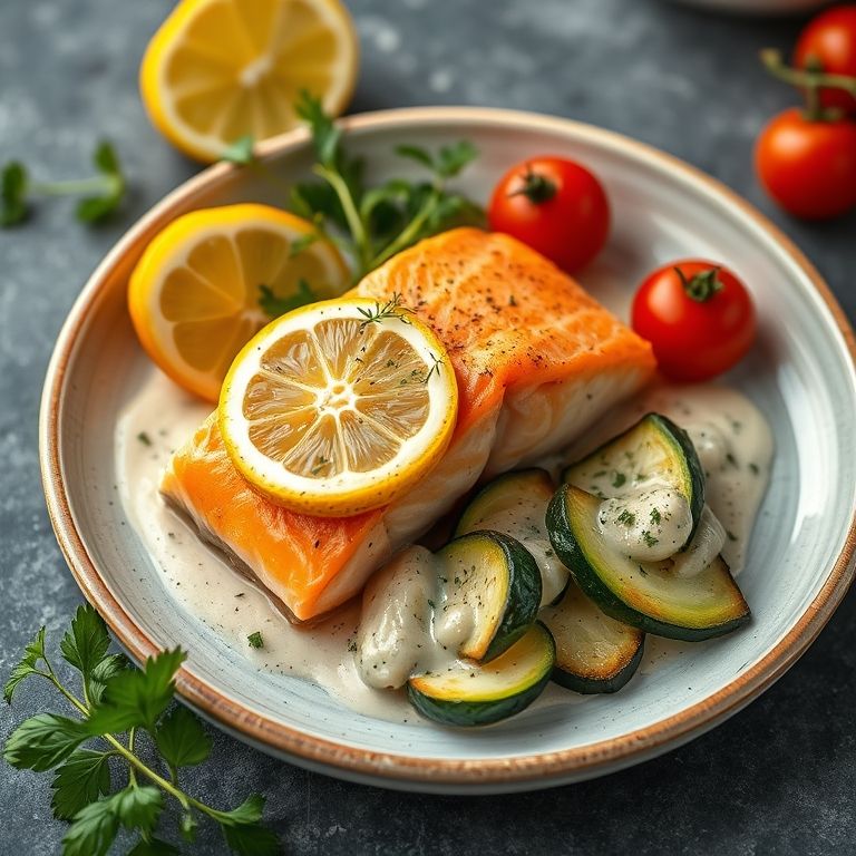 Salmão ao molho de limão com abobrinha e tomate cereja.