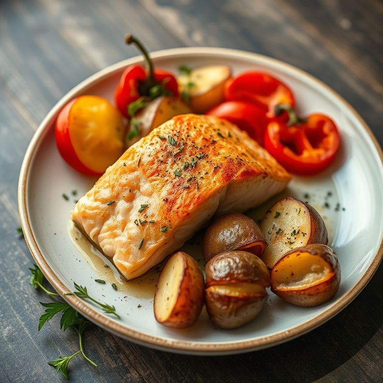 Salmão assado com batatas e pimentões coloridos.