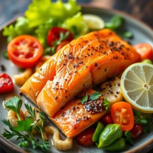 Salmão com legumes frescos e coloridos, refeição saudável.