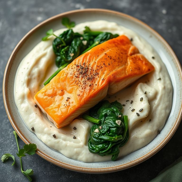Salmão com purê de couve-flor e espinafre refogado.