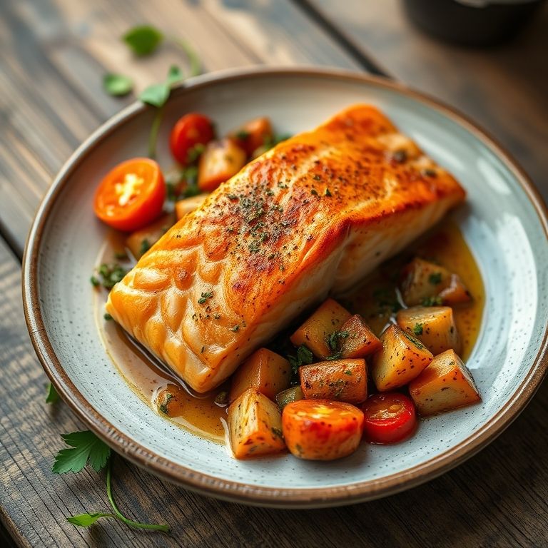 Salmão com ratatouille de legumes frescos.