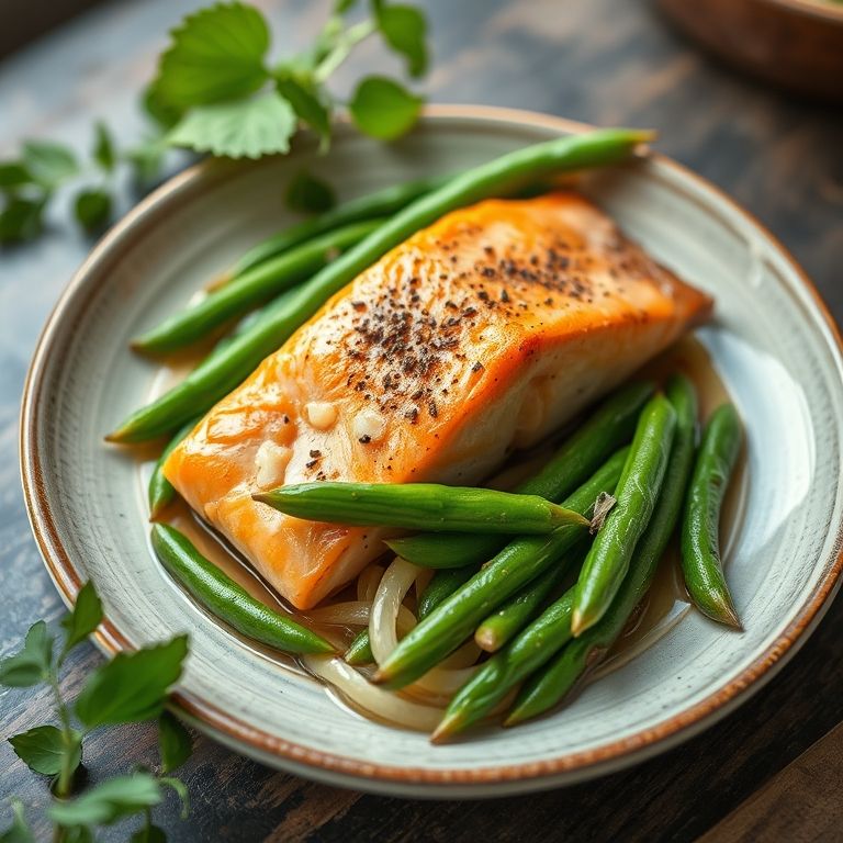 Salmão cozido no vapor com vagem e ervilha torta.