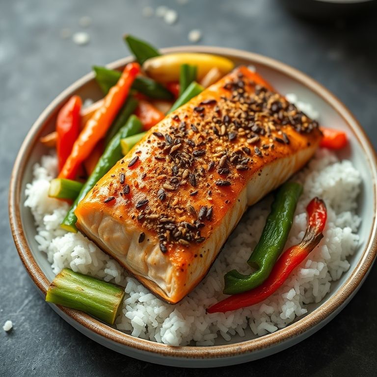 Salmão em crosta de gergelim com legumes salteados.