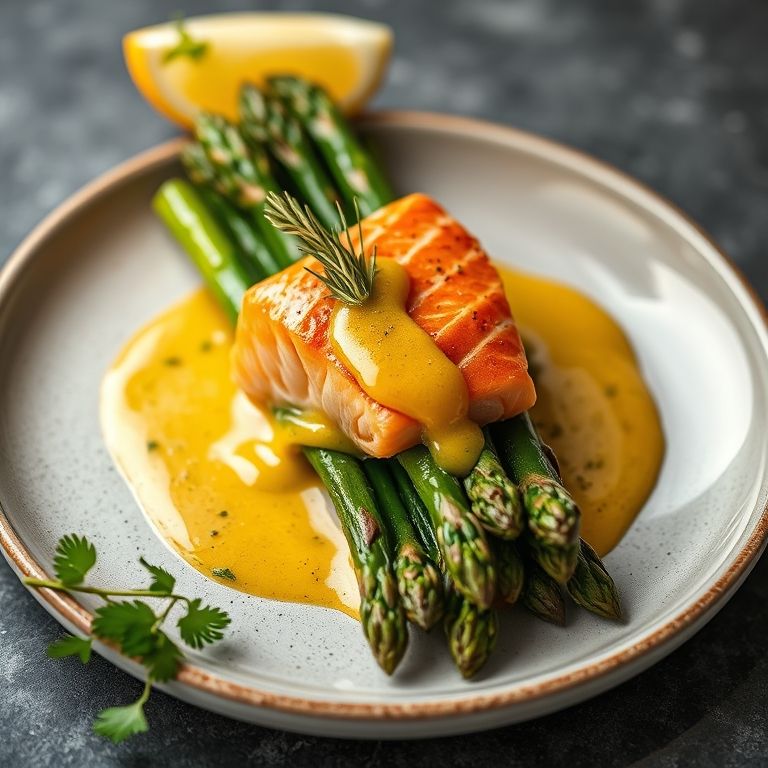 Salmão envolto em aspargos com molho de mostarda.