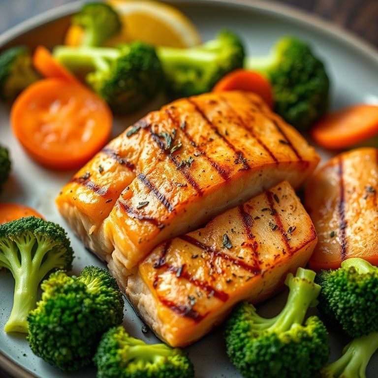 Salmão grelhado acompanhado de brócolis e cenoura.