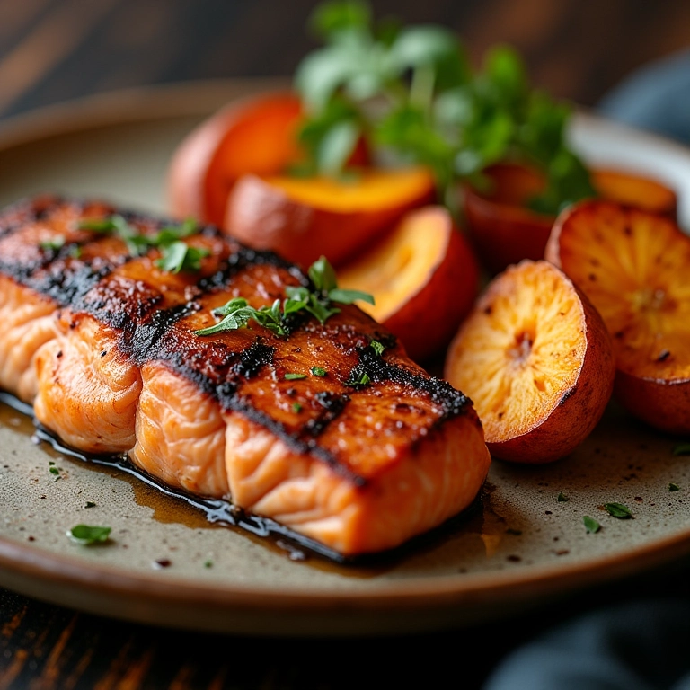 Salmão grelhado com batata doce assada rústica.