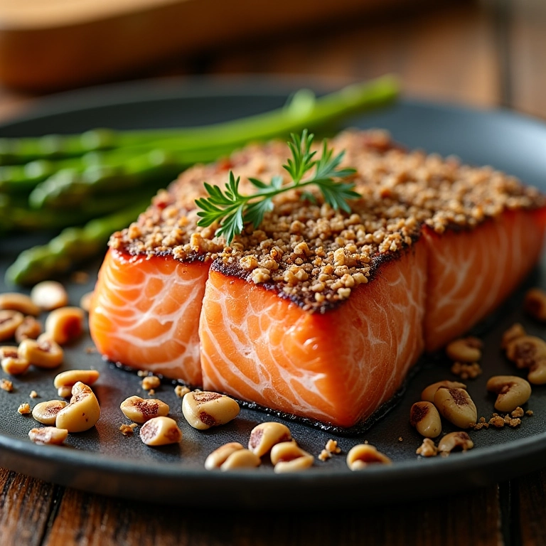 Salmão grelhado com crosta crocante de castanhas.